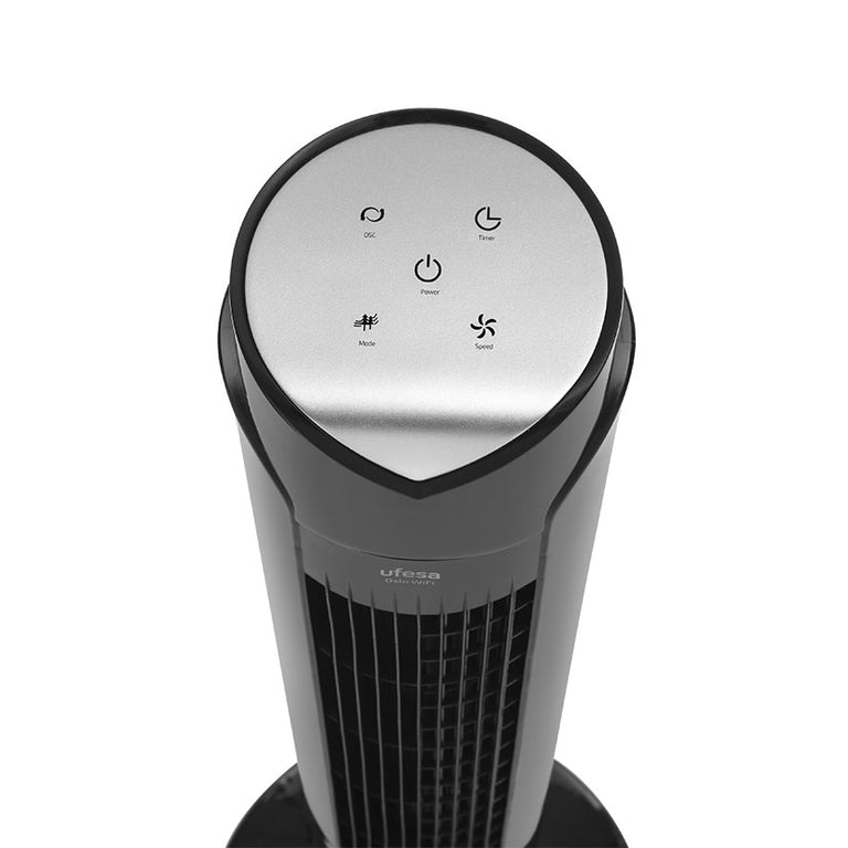 Detalle del panel de control táctil superior del ventilador UFESA Oslo con iconos de funciones