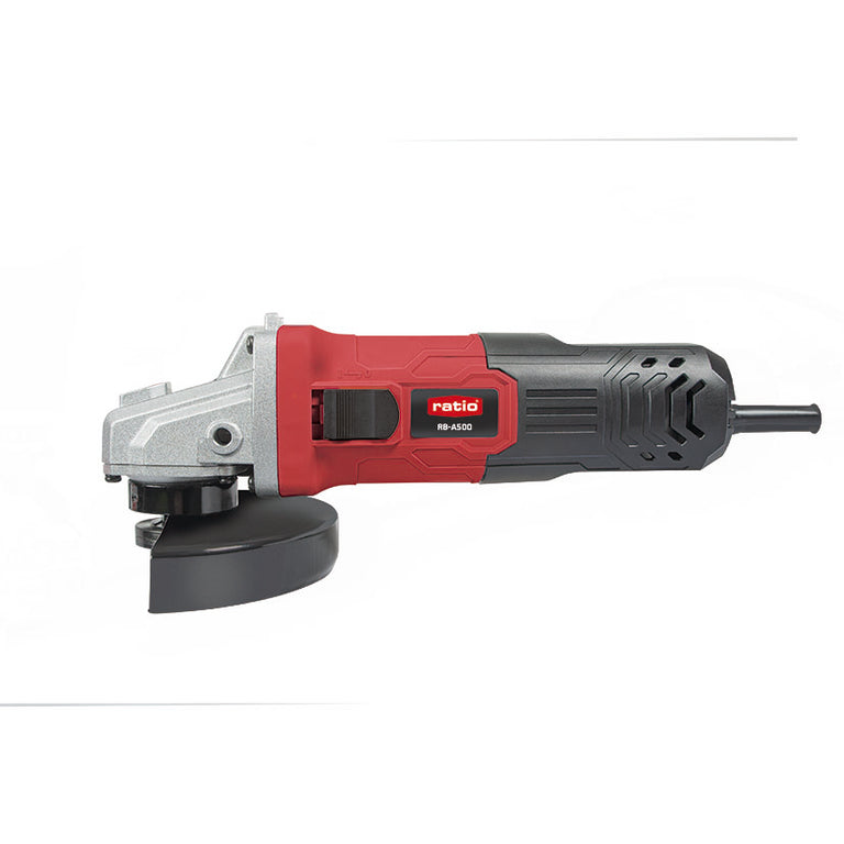 Vista lateral de amoladora RATIO RB-A500 mostrando interruptor de encendido y cuerpo ergonómico