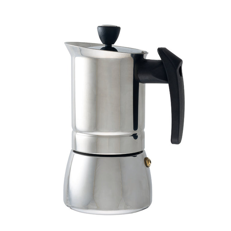 Cafetera italiana de acero inoxidable HABITEX Steel Induction con acabado espejo y mango negro