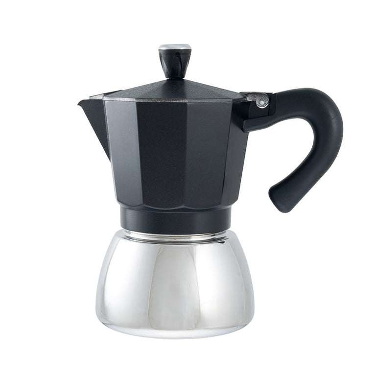 Cafetera moka HABITEX Dark con asa ergonómica de baquelita y cuerpo facetado negro mate