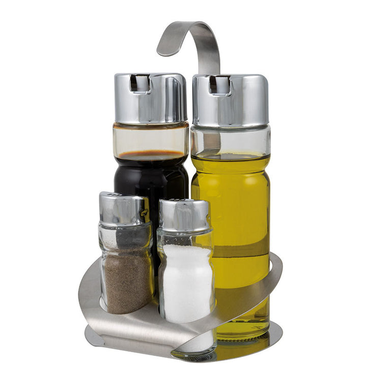 Convoy de mesa HABITEX Twin de 4 piezas con aceitera, vinagrera, salero y pimentero en soporte inox.