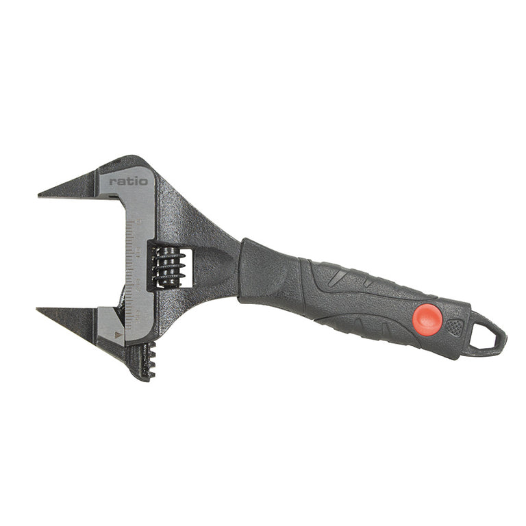 Llave ajustable RATIO 6093 de 250mm con gran apertura de 50mm y bocas finas para espacios reducidos.