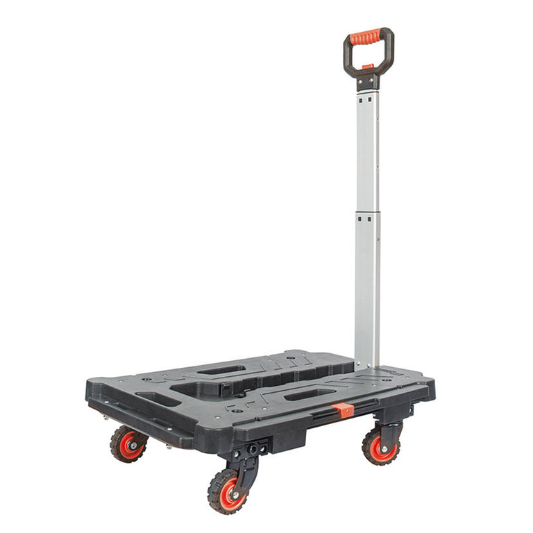 Plataforma rodante RATIO con mango telescópico extendido y ruedas naranjas