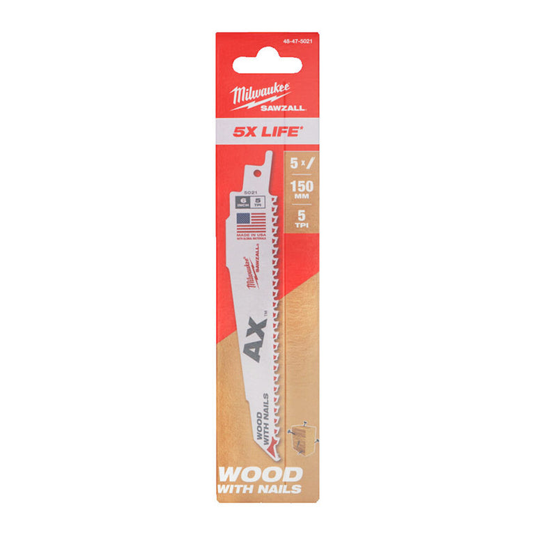 Blíster de 5 unidades de hojas de sierra sable Milwaukee The AX 150mm 5 TPI para cortes de demolición.