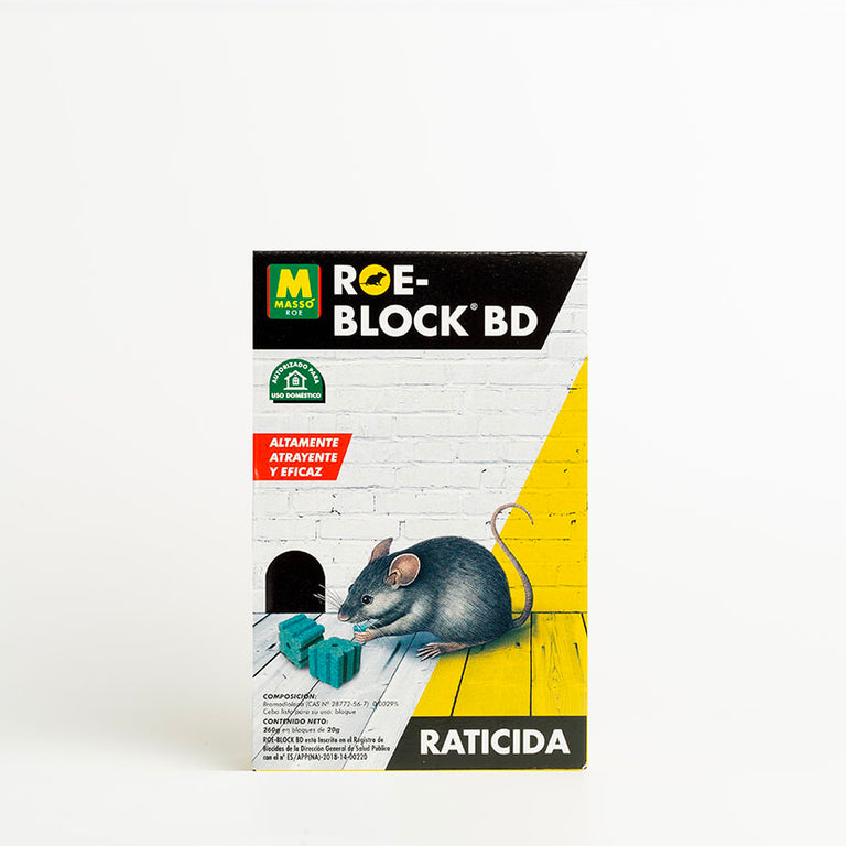 Frontal del envase raticida Roe-Block BD 260g bloques de 20g resistentes a la humedad