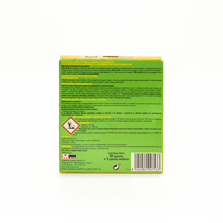 Reverso de caja de espirales antimosquitos Massó con instrucciones y precauciones de uso