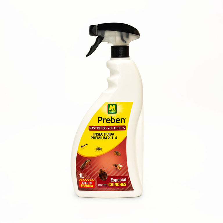 Bote de 1 litro de insecticida Premium Massó Preben con efecto barrera contra insectos voladores y rastreros.