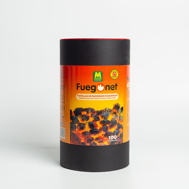 Cubo de 100 pastillas de encendido ecológicas Fuegonet Massó compuestas de madera y aceite vegetal.