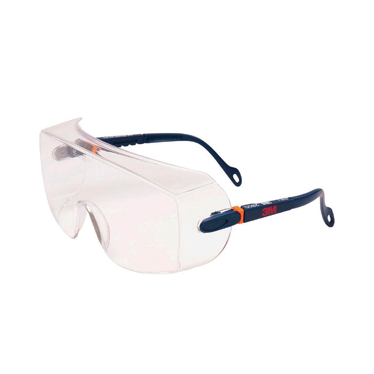 Gafas de seguridad 3M Serie 2800 cubregafas con patillas azules ajustables y lentes transparentes de policarbonato.