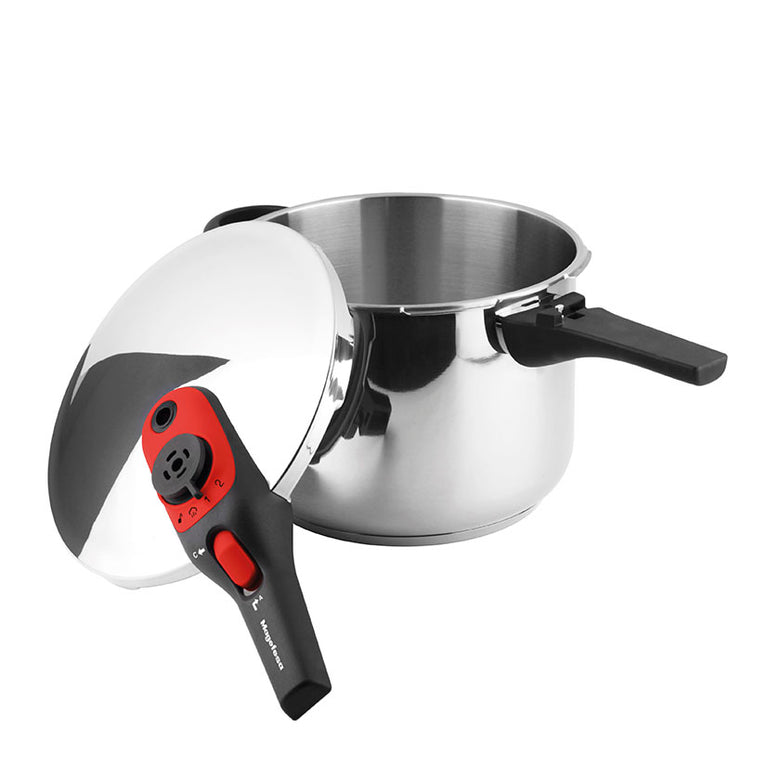 Olla a presión Magefesa Activa 2 de 5 litros abierta mostrando interior de acero inoxidable y tapa con válvula roja.