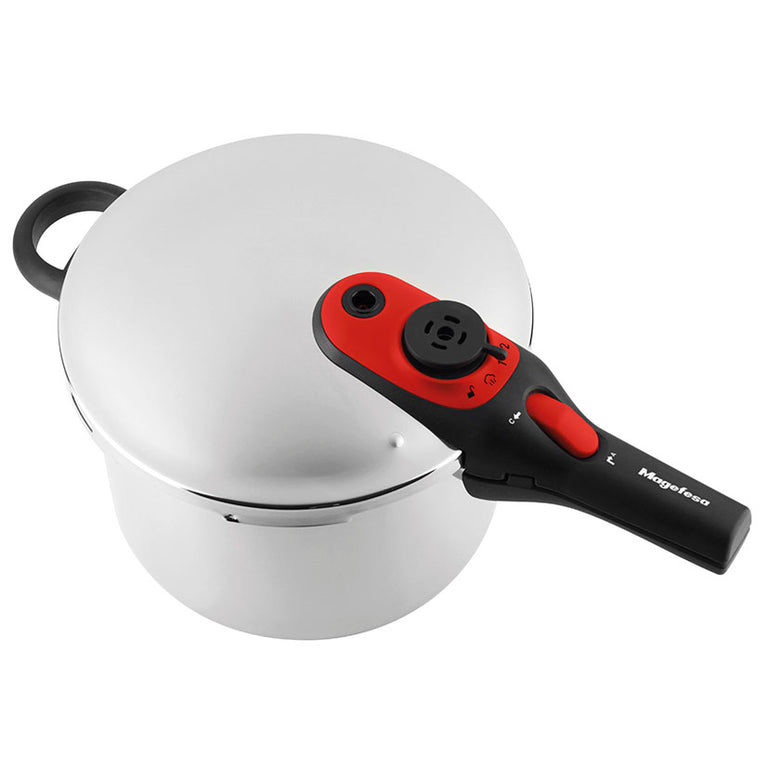 Vista superior de la olla Magefesa Activa 2 con detalle del selector de presión y válvula de seguridad en color rojo.
