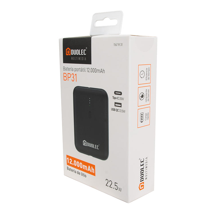 Packaging de Powerbank DUOLEC BP31 mostrando especificaciones de carga rápida 22.5W y puertos USB A y C.