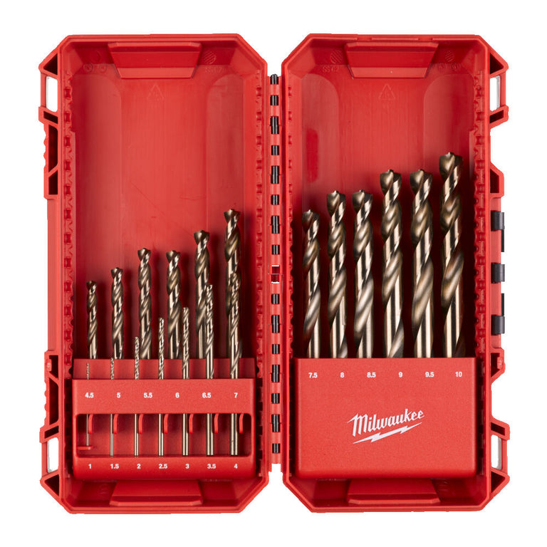 Estuche abierto Milwaukee con 19 brocas de cobalto HSS-G ordenadas por tamaño de 1 a 10 mm