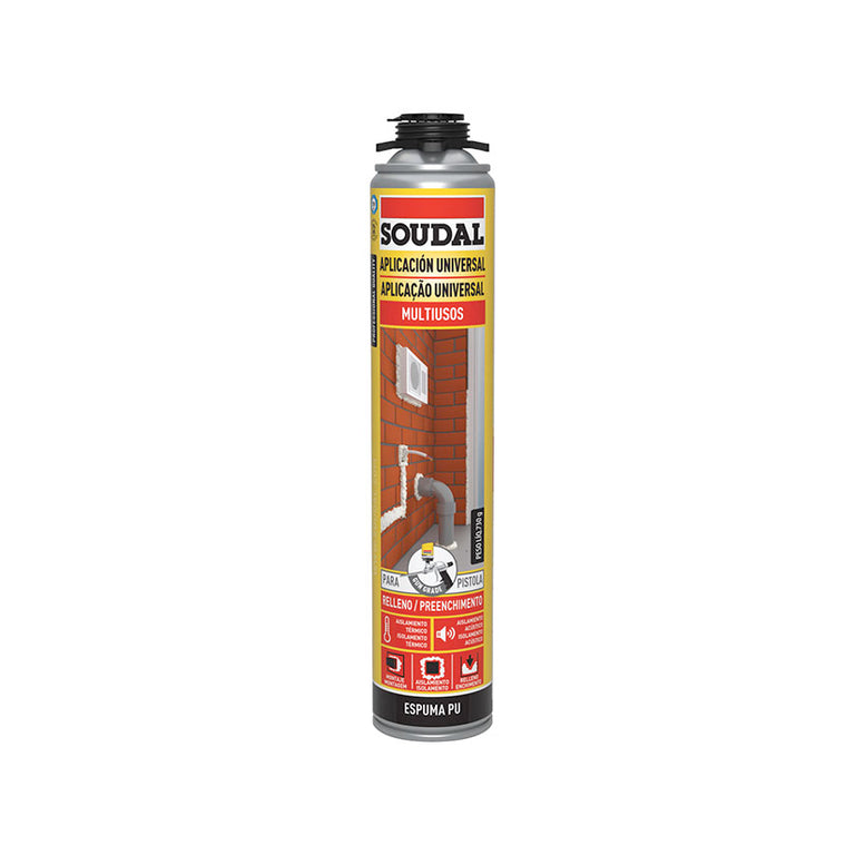 Espuma de poliuretano Soudal Multiusos para aplicación con pistola, envase de 750ml.
