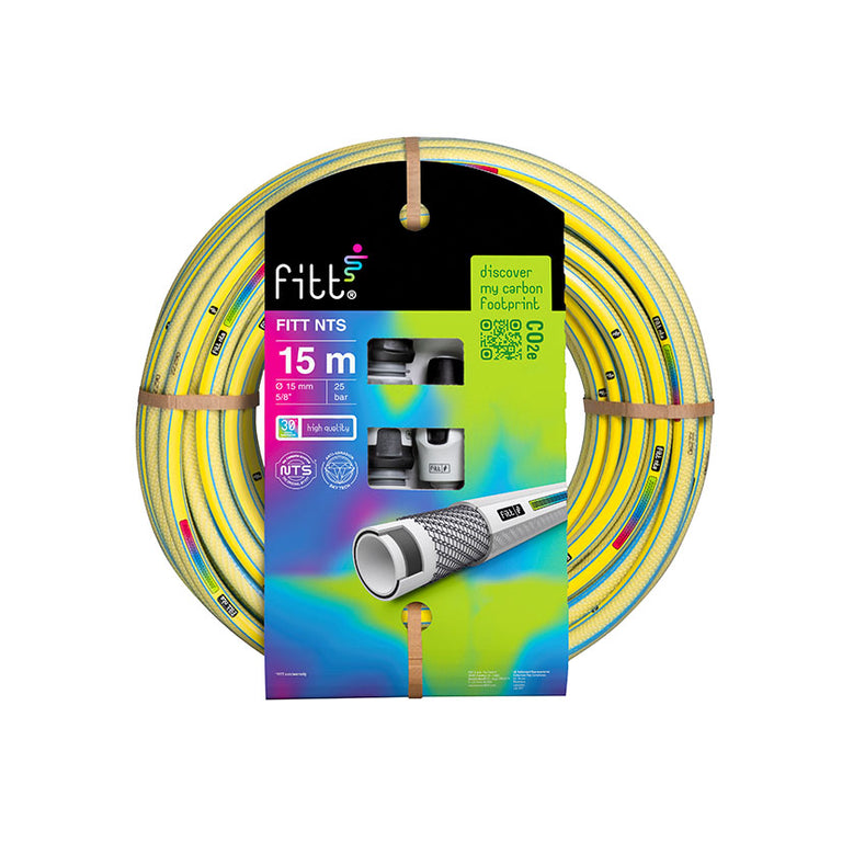 Rollo de manguera FITT NTS Yellow de 15 metros, tecnología Sky Tech anti-abrasión y conectores de riego incluidos.