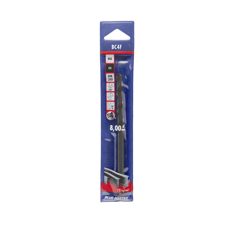 Blíster de broca serie larga Blue-Master BC4F de 8mm con especificaciones técnicas DIN 340