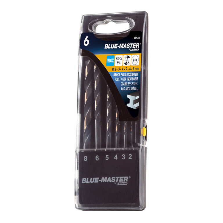 Estuche de 6 brocas Blue-Master HSS-Co 5% para acero inoxidable, medidas 2 a 8 mm con punta split point y mango antideslizante.