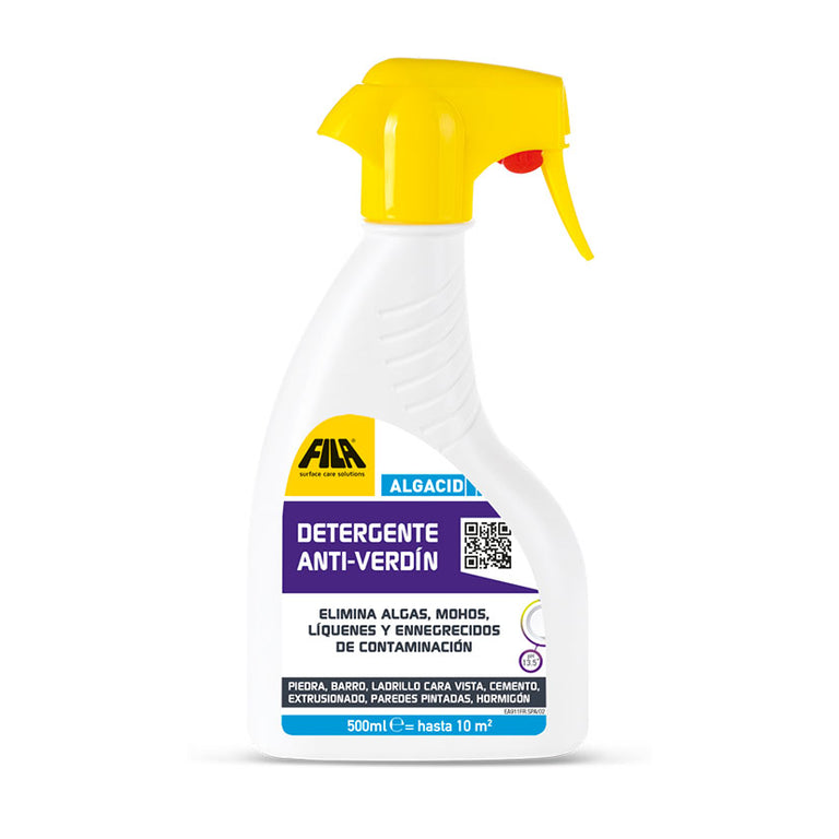 Bote de detergente anti-verdín FILA Algacid 500ml con pulverizador para limpieza de algas y moho en fachadas