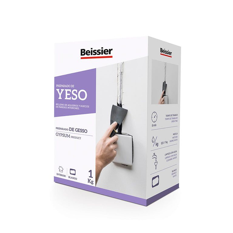 Envase de yeso fino Beissier de 1 kg ideal para fijación de cajas eléctricas y anclajes.