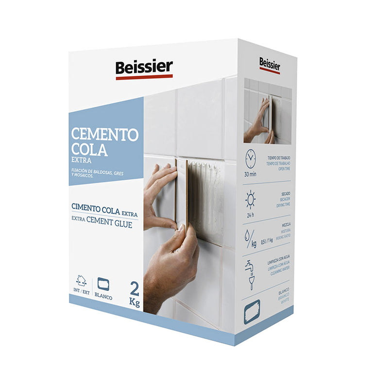 Envase de 2 kg de Cemento Cola Extra Beissier blanco para fijación de baldosas y mosaicos en interior y exterior