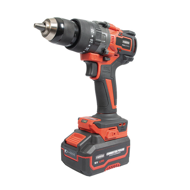Taladro percutor a batería RATIO ProSeries 18V con motor Brushless y batería de 4.0Ah