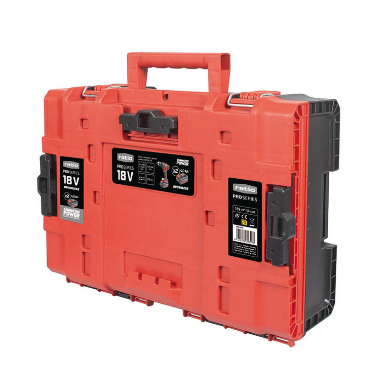 Maletín de transporte rígido rojo para taladro percutor RATIO ProSeries 18V y accesorios