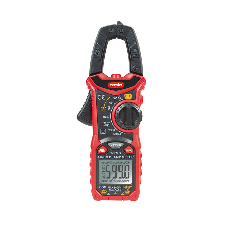 Pinza amperimétrica digital RATIO HT-206D roja y negra con pantalla LCD y selector giratorio de funciones