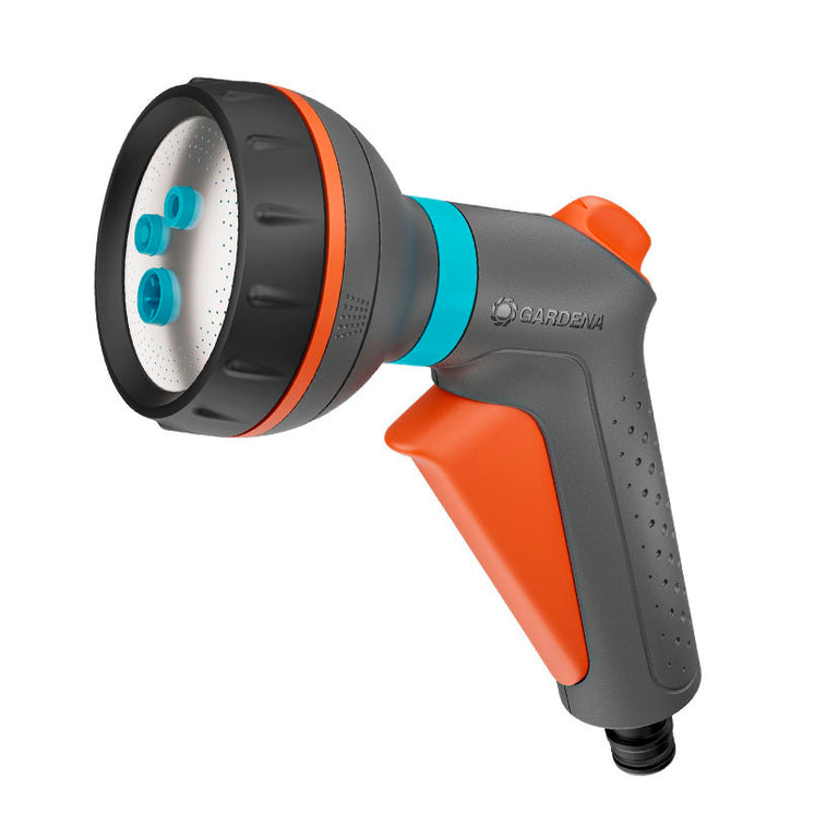 Pistola de riego multichorro GARDENA Classic con gatillo ergonómico naranja y cuerpo gris resistente.
