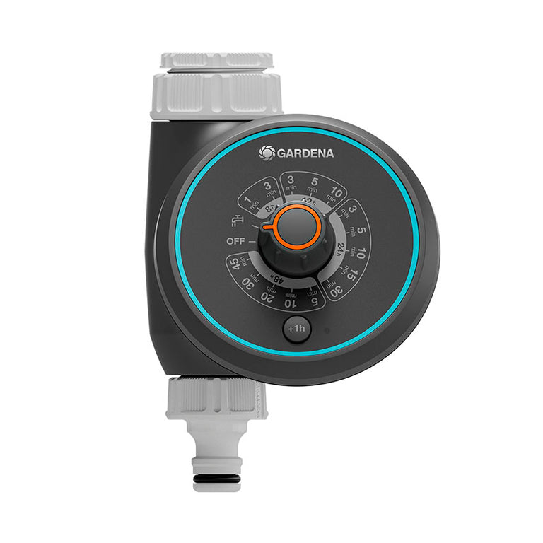 Programador de riego GARDENA Water Control Easy con dial de selección naranja y cuerpo gris oscuro resistente