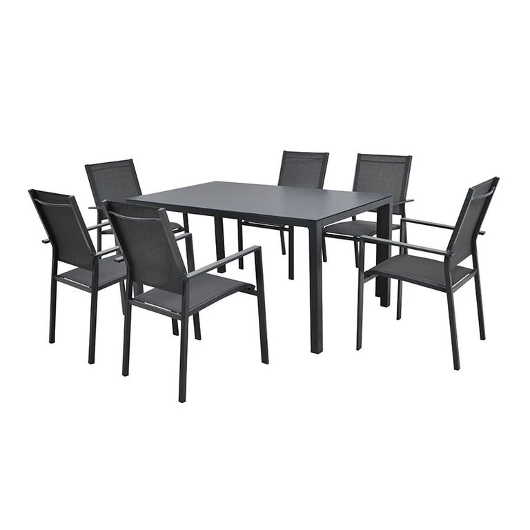 Conjunto de comedor para jardín Terrazza con mesa de cristal y 6 sillas de acero color antracita.