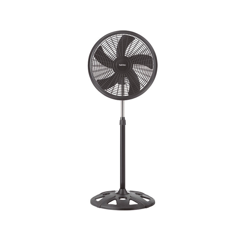 Ventilador de pie HABITEX VP08+ negro con hélice de 5 aspas y base circular reforzada