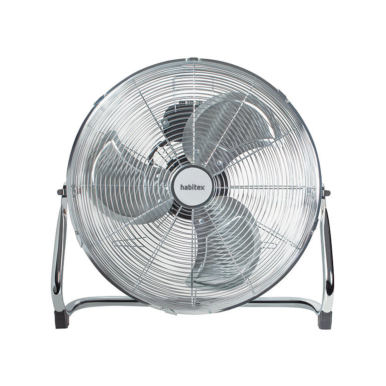Ventilador de suelo industrial Habitex VS-10+ con hélice metálica de 3 aspas y acabado cromado
