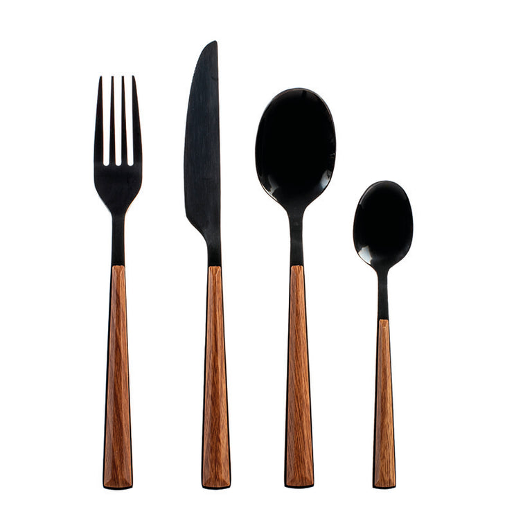 Juego de cubiertos Pengo Silva negro lúcido 24 piezas con mango diseño madera para mesa moderna.