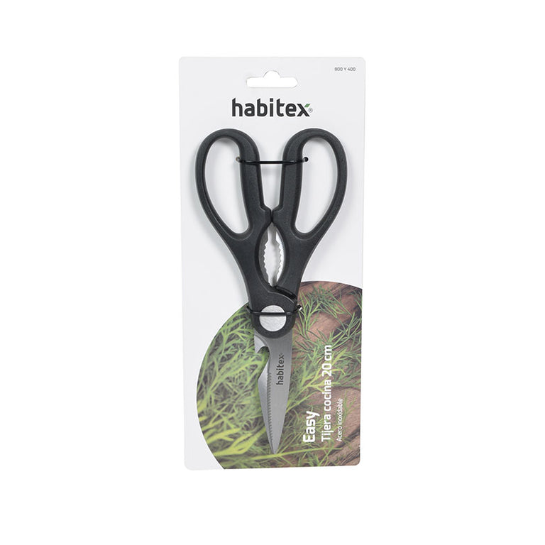 Embalaje de la tijera de cocina HABITEX Easy 20 cm destacando su hoja de acero inoxidable y diseño ergonómico.