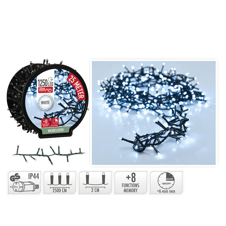 Guirnalda microcluster 1250 LED blanco frío 25 metros en carrete con iconos de funciones