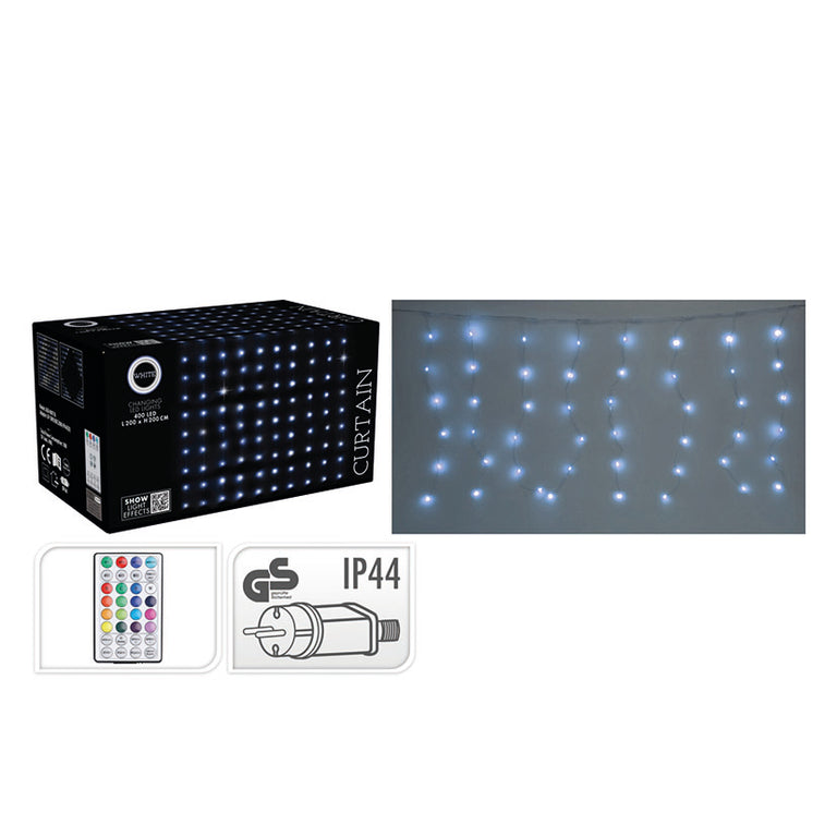 Cortina de 400 luces LED blanco frío 2x2 metros con mando a distancia y protección IP44.