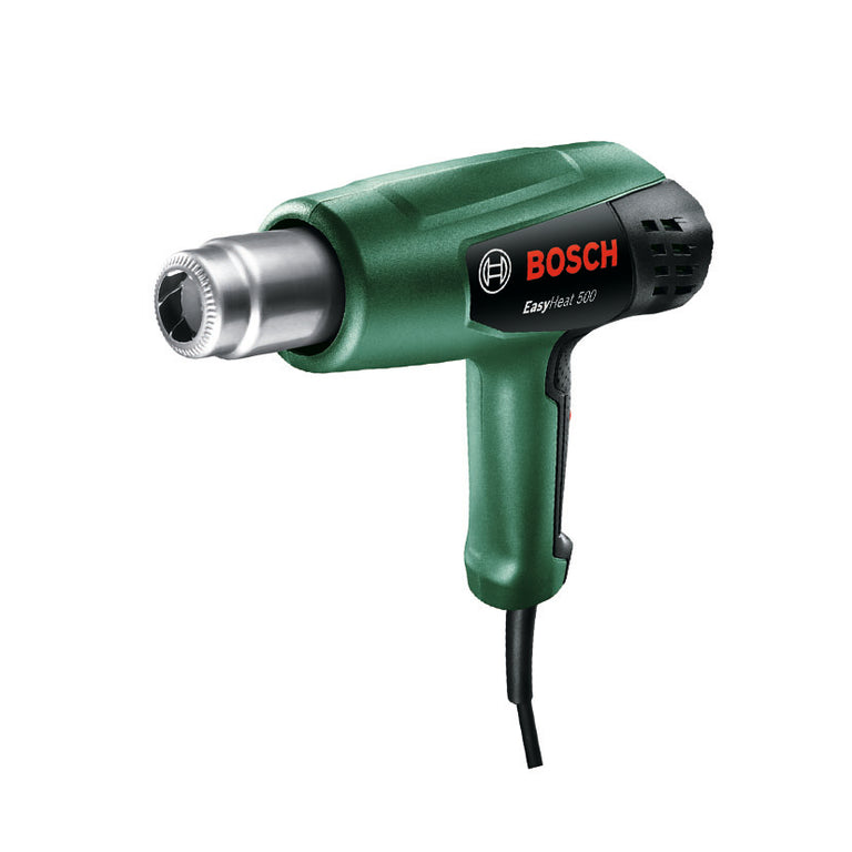 Pistola decapadora Bosch EasyHeat 500 de color verde con boquilla metálica y empuñadura ergonómica.