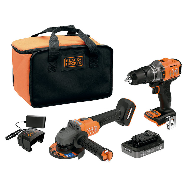 Kit BLACK+DECKER 18V BRUSHLESS: Taladro Percutor + Amoladora 125mm (Batería 2.5Ah y Cargador)