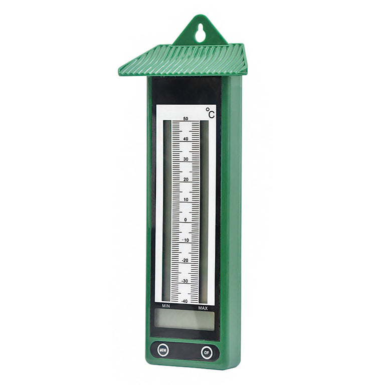 Termómetro digital de jardín LISTA color verde con pantalla LCD y memoria de temperaturas máximas y mínimas.