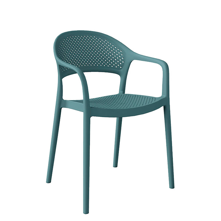 Silla apilable Solaz en color azul con diseño de respaldo perforado y reposabrazos.