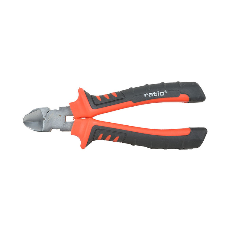 Alicate de corte diagonal RATIO Basic de 160 mm con mango ergonómico bimaterial en color naranja y negro.