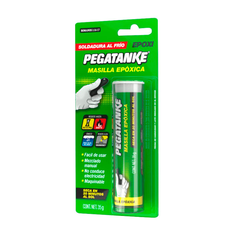Blíster de Masilla Epóxica Pegatanke 35g, soldadura al frío resistente a 300°C y 9915 PSI para reparaciones extremas.