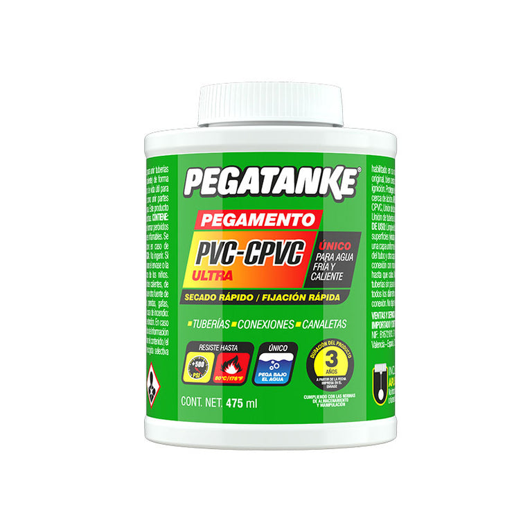 Adhesivo Pegatanke Ultra 475 ml para tuberías y conexiones de PVC-CPVC con secado rápido.