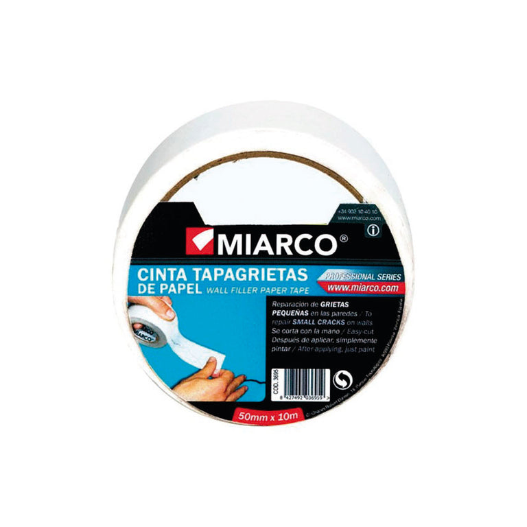 Cinta tapagrietas de papel MIARCO Professional Series de 50mm x 10m para reparación de grietas en paredes.