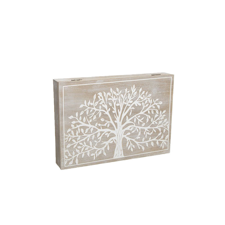 Tapa de contador de madera con diseño del Árbol de la Vida en blanco, medidas 46x32 cm.