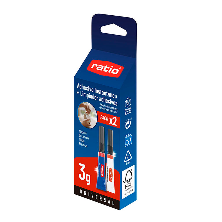 Caja del pack RATIO con adhesivo instantáneo 3g y limpiador para madera, cerámica, metal y plástico.
