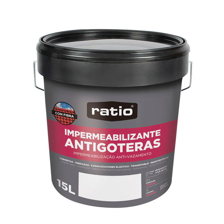 Bote de impermeabilizante antigoteras con fibras RATIO de 15 litros color gris para terrazas y cubiertas