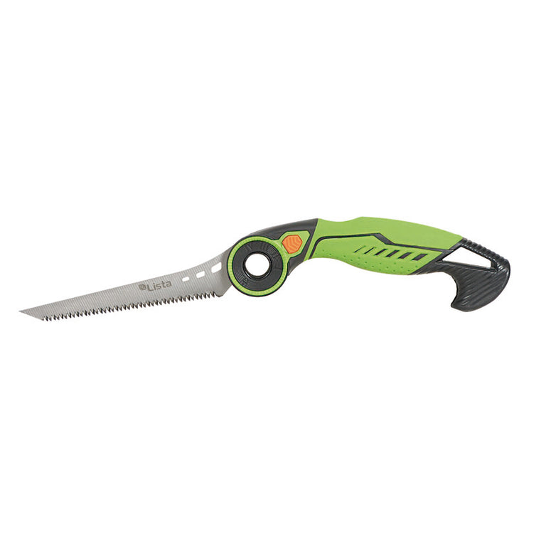 Serrucho plegable LISTA 142 para madera seca con hoja de 150mm y mango verde ergonómico.