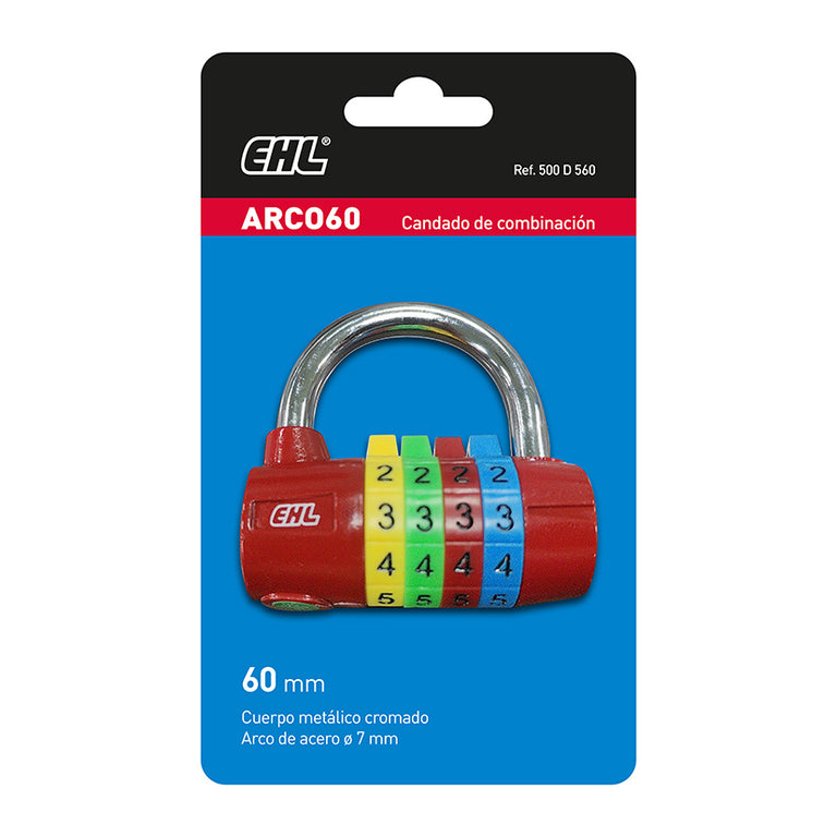 Blíster del candado EHL ARC060 con especificaciones de arco de acero de 7mm y cuerpo metálico cromado.