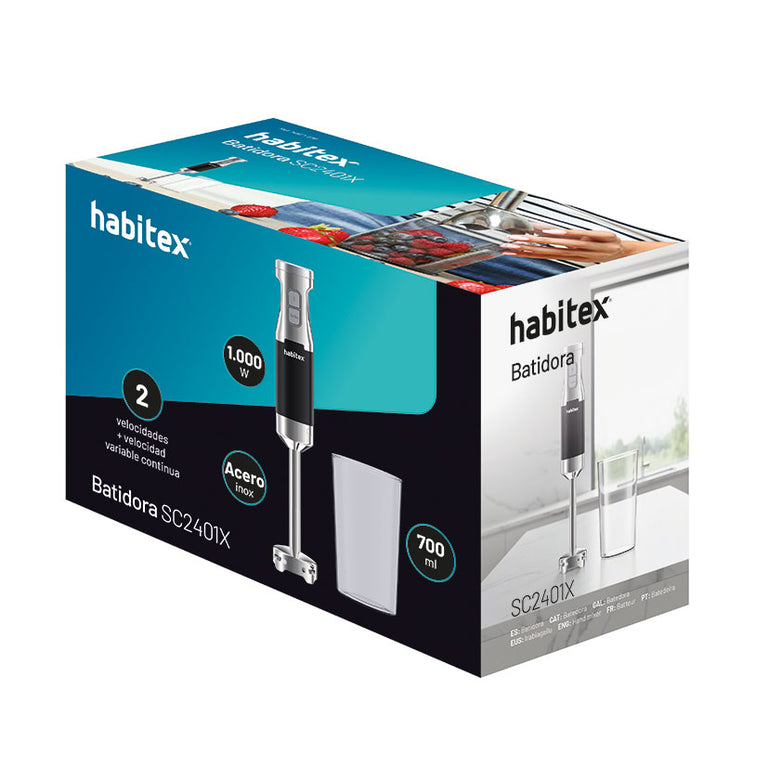 Embalaje de la batidora Habitex SC2401X mostrando especificaciones de 1000W y acabados en acero inox.